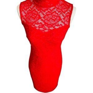 Candalite Red Floral Lace Mock Neck Sleeveless Sheath Midi Dress Womens Small